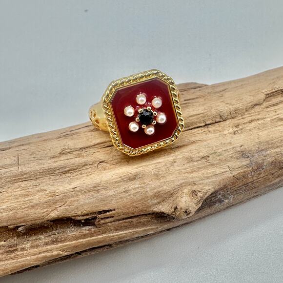 18K Retro Pearl Flower Ring-Adjustable - Picture 1 of 7